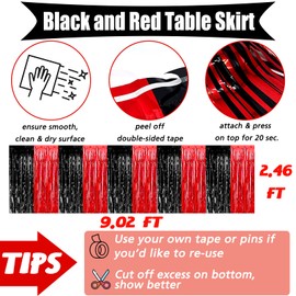 6 Pack 29x108 Inch Metallic Foil Fringe Table Skirts Banner for Tinsel Streamer Garland Curtains Backdrop for Parade Floats Casino Viva Las Vegas Game Night Birthday Party Decorations(Black Red)