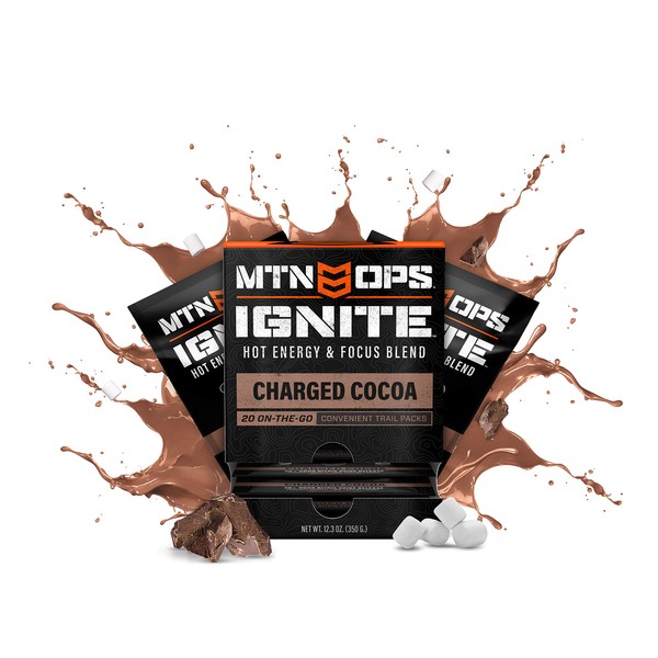 MTN OPS Hot Ignite Supercharged Energy Drink Mix Focus Enhancer, Charged Cocoa - 20 Trail Packs