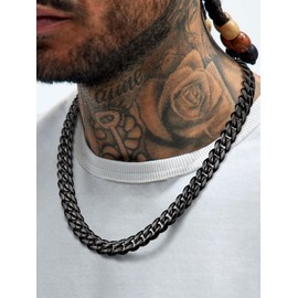 FaithHeart 14mm Black Chain Necklace for Men - Mens Hip Hop Chain Necklaces Miami Cuban Link Chains Sturdy Stainless Steel Curb Chain, Length 28 Inches