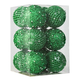 Christmas Tree Ornaments Set Hangings Foam Shiny Sequins Ball for Indoor Outdoor Holiday Party Decorations Supplies (Green, 8cm 12Pcs Set)