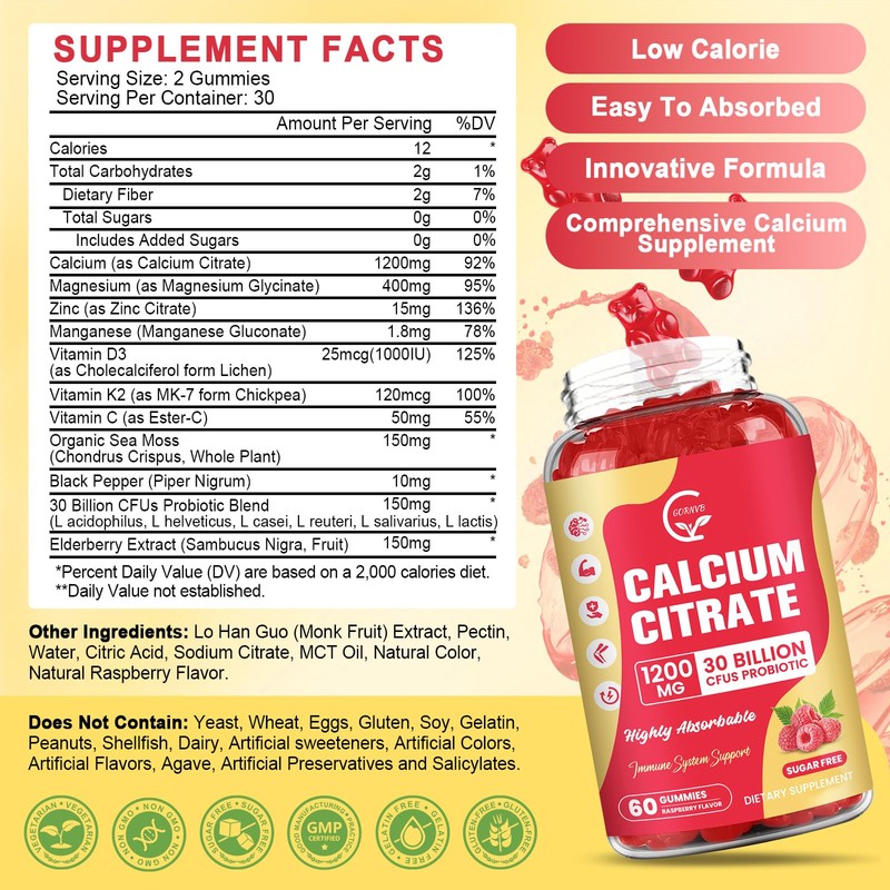 (2 Pack) Sugar Free Calcium Citrate Gummies 1200 mg with