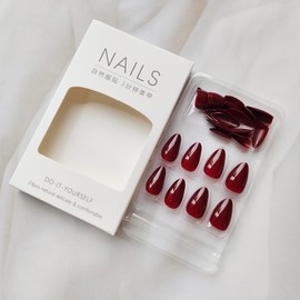 Burgundy Press on Nails Medium Almond Shape Fake Nails Solid Color Acrylic Nails with Designs Winter Glue on Nails for Women Girls Daily Party Wear,Full Cover False Nails Press ons in24 PCS