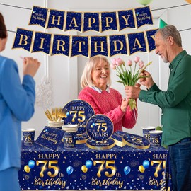 75th Birthday Decoration Men-142pcs Navy Blue and Gold Birthday Tableware Set(Serve for 20) Include Happy 75th Birthday Banner Plates Cups Napkins Tablecloth for Men 75th Birthday Party Supplies( (75)