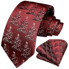 HISDERN Christmas Mens Ties Burgundy Xmas Tree Pattern Tie and Pocket Square Holiday Season Funny Neckties Handkerchief for Party