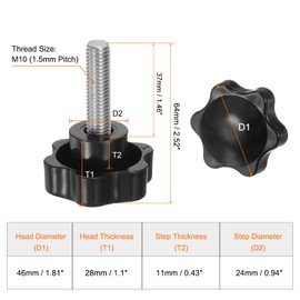 QUARKZMAN Set of 4 Knurled Screws with Star Handle M10 x 37 mm x 46 mm Star Grip Screw Plastic Knob Stainless Steel 304 Threaded Bolts Clamping Screw Star Grip Nut Clamping Knob for Machine