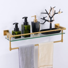 SFGSOWOR Bathroom Glass Shelf with Towel Bar/Rack 24 inches Wall-Mounted Shelves Tempered Glass Sink Toilet Organizer Shower Towel Decorative Storage (Brushed Gold)