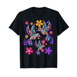 Hummingbird Colorful Mexican Flowers Bird Floral Nature T-Shirt