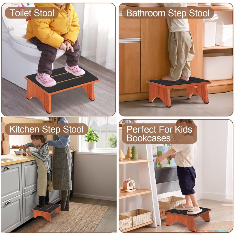 Step Stool Foldable, Wooden Step Stool with Non-Slip Rubber Stepping
