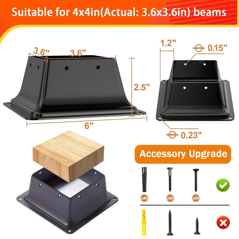 4x4 Post Base 10Pcs, Internal 3.6"x3.6" Heavy Duty Powder-Coated Steel