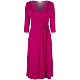 Bon Rosy Women's #MadeInUSA Wedding Baby Bridal Shower 3/4 Sleeve V-Neck Printed Knee Length Midi Faux Wrap Floral Dress Casual Party Resort Summer Spring Nursing 3zSiQN Church Hot Pink M