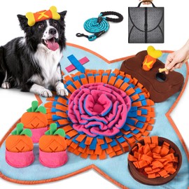 HOMAGICO Snuffle Mat for Dogs Large Breeds 28''X28'' Dog Snuffle Mat with Dog Leash, Nosework Interactive Sniffing Mat for Dogs Cats Rabbits, Slow Feeding Mat for Foraging and Stress Relief, Blue