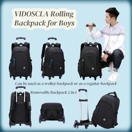 VIDOSCLA Black Kids Boys Rolling Backpack Teens Carry-on Luggage with Wheels Trolly BookBag for School-6 Wheels