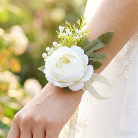 Latious Wedding Corsage Wristlet Red Rose Wrist Corsage for Women (White)