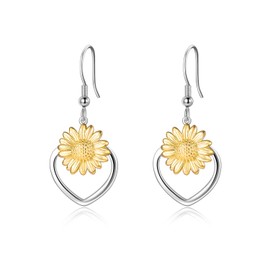 Heart Sunflower Jewelry 925 Sterling Silver Heart Sunflower Dangle Drop Earrings for Women Girls (3-heart sunflower gold)