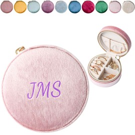 Customizable Mini Round Jewelry Box, Travel Jewelry Case, Travel Jewelry Organizer, Jewelry Box for Women and Girls, Small Jewelry Organizer (Center Text, Powder Pink)