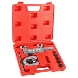 Flexzion SAE 45 Degree Double Flare Brake Line Flaring Tool Kit with (3/16, 1/4, 5/16, 3/8, 1/2") Adapters Dies Automotive Copper Steel Aluminum Brake Fuel Hydraulic Line Tubing Fitting Case Set
