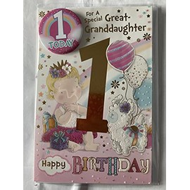 For A Special Great-Granddaughter 1 Happy Birthday Card With Badge Age 1 1st First One Cute Girl/Lamb/Balloons Glitter/Foil Detail(CC7501/03)
