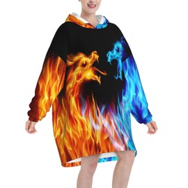 Blue Red Fire Dragon Wearable Blanket Hoodie Adult Cool Animal Oversized Sweatshirts BlanketGalaxy Warm Cozy Microfiber Fleece Sherpa Blanket With Pockets For Women Girls Men