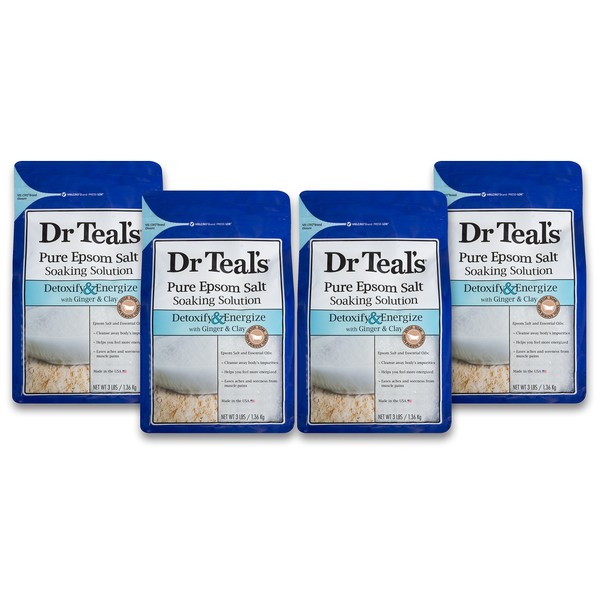 Dr Teal's Epsom Salt Soaking Solution, Detoxify & Energize, Ginger & Clay, 4 Count - 3lb Bags, 12lbs Total
