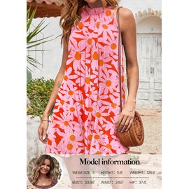 KIRUNDO Women's 2024 Summer Boho Floral Halter Neck Sleeveless Mini Dress Loose Tank Top Pleated Short Beach Sundress(Floral Red Red, Small)