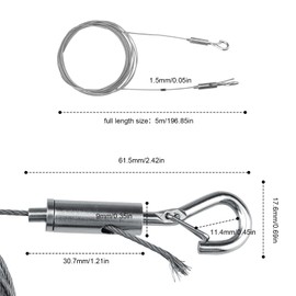 FINELYCR Heavy Duty Stainless Steel Hanging Wire Rope 1.5 mm X 5 m, With Eyelets, Adjustable Length, Silver