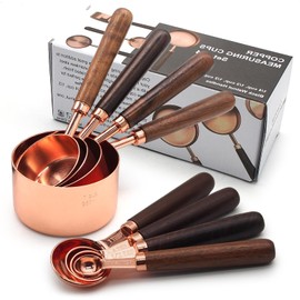 SHIKORI Gold Measuring Cups and Spoons Set with Wood Handles, Premium Stainless Steel Measuring Spoons and Measuring Cups Set-Rose Gold