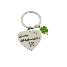 WOO MANTO Heart Keyring with Clover Leaf Pendant, Mama, Ich habe dich lieb [German Language], silver