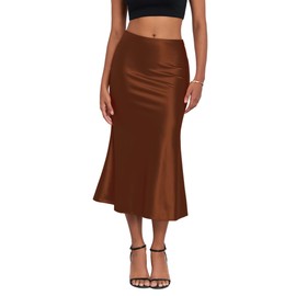 ZAFUL Women Satin Silk Midi Skirts Elegant High Waist Hidden Side Zipper Elastic Waist Flared A Line Skirts (Brown,M)