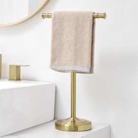 RUMOSE 17 Inch Brushed Gold Towel Stand Hand Towel Holder Bathroom Kitchen Vanity Countertop T-Shape Towel Rack Free Standing Stainless Steel Towel Bar Towel Ring