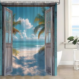 Blue Beach Shower Curtain Ocean Coastal Barn Door Tropical Palm Leaves Sand Seaside Sunset Rustic Seascape Nature Nautical Hawaiian Landscape Sunrise Fabric Bathroom Curtain Set with Hook