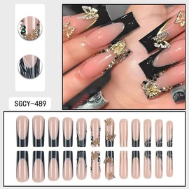 French Tip Press on Nails Long Square Fake Nails Glossy Acrylic Nails 3D Gold Butterfly Charm Diamond Design Stick on Nails Chinese Ink False Nail Tips Long Artificial Nails for Women Manicure 24pcs