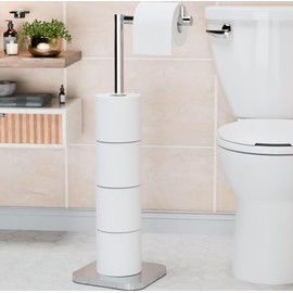 Toilet Roll Holder Free Standing – Toilet Roll Stand for 5 Rolls – Stainless Steel Loo Roll Holder with Heavy Stable Base – Pedestal Free Standing Toilet Roll Holder for Bathroom (Silver)