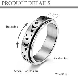 UNAPHYO Stainless Steel Anxiety Ring Moon Star Fidget Spinner Ring for Women Men Wedding Band Stress Relief 6mm Silver Size 6