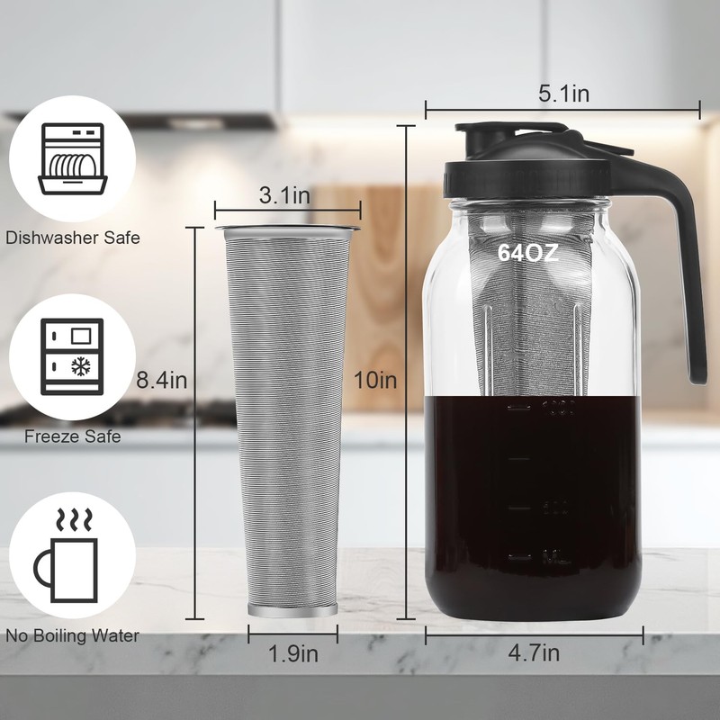 Cold Brew Coffee Maker Pitcher, 64oz Iced Coffee Tea Pitcher
