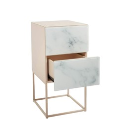 JvFun Tempered Glass Nightstand with Marble Top, Double Drawer Bedside Table for Bedroom & Living Room, Modern End Table with Metal Frame (Pink+White)