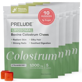 Prelude Bovine Colostrum Chews for Gut Health, Bloating & Beauty for Women & Men - Grassfed Colostrum Gummies for Digestive Health Immunity & Overall Wellness - 10 Count Strawberry Milkshake 4pk