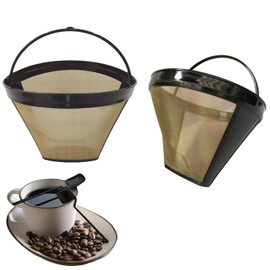 CLKE 2Pcs Reusable Coffee Filter, Universal Permanent Coffee Filter, Washable and Reusable Coffee Filter Cone with Handle and Gold Mesh Coffee Filter, for Most Coffeemakers