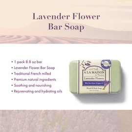 A LA MAISON Lavender Flower Bar Soap - Triple French Milled Natural Moisturizing Hand Soap Bar (1 Bar of Soap, 8.8 oz)