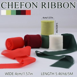 URROMA Pink Series Chiffon Ribbons, 6 Rolls Chiffon Silk Ribbon Mixed Color Fringe Frayed Edges Fabric (Christmas Colors)
