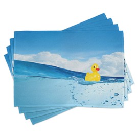 Ambesonne Rubber Duck Place Mats Set of 4, Little Duckling Toy Swimming in Pond Pool Sea Sunny Day Floating on Water, Washable Fabric Placemats for Dining Table, Standard Size, Blue Yellow