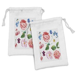 Ambesonne Floral Fabric Pouch Set of 2, Bouquet Set with Rose Daisy Petals and Branches Shabby Form Vintage Picture, Small Drawstring Bag for Toiletries Masks and Favors, 9" x 6", Pink and Green