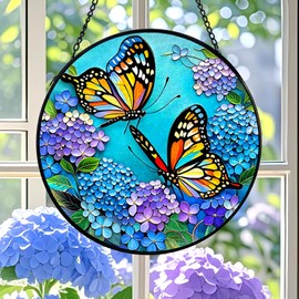 Butterfly Stained Glass Window Hanging, Round 7.87 Inch Suncatcher
