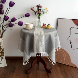 Gernaice Farmhouse Striped Tassle Small Tablecloth Heavy Duty Linen Fabric Wrinkle Free Tablecloths Square Embroidery Table Cloth for Kitchen Dining Party Patio Christmas Square Grey 36x36 Inches