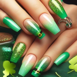St. Patrick's Day Press on Nails Medium Coffin Green Gradient Fake Nails with Glitter Designs Green Hat False Nails Gel Glue on Nails Irish Holiday Nails Shine Stick on Nails for Women Girls 24Pcs