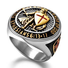 Christian Ring Knights Templar Put On The Whole Armor Of God Ephesians 6:13-17 Red Cross Design Men's Religious Catholic Ring,316L Stainless Steel Gold Plated Biker Punk Rings For Men Gift 14 Size