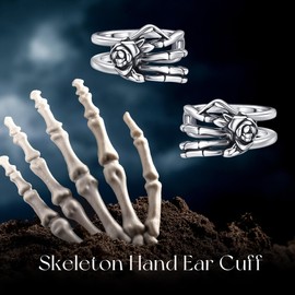 AXOMY Skeleton Hand Ear Cuff Earrings 925 Sterling Silver Goth Rose Ear Cuffs Non Piercing Gothic Skeleton Jewelry Gifts for Women Mom Grandma