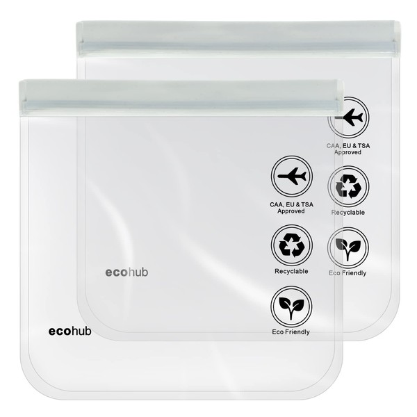 ECOHUB Clear Travel Toiletry Bag 20x20cm TSA Approved Liquids Bags 1L Eco Friendly Gifts Waterproof Travel Essentials Makeup Bag Cosmetic Bag Men Women (2pcs Grey)