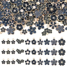 FASHEWELRY 100Pcs Enamel Black Flower Charms Bulk Assorted Gold Plated Summer Charm Pendants Mini Cherry Charms for Jewelry Making Kit Bracelet Necklace Earrings Keychain DIY Crafts Crafting