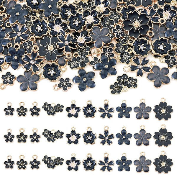 FASHEWELRY 100Pcs Enamel Black Flower Charms Bulk Assorted Gold Plated