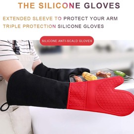 Linwnil Extra Long Silicone Oven Mitts Heavy Duty Commercial Grade Oven Mitts Heat Resistant BBQ Gloves with Quilted Cotton Lining 2 Pack (Red)